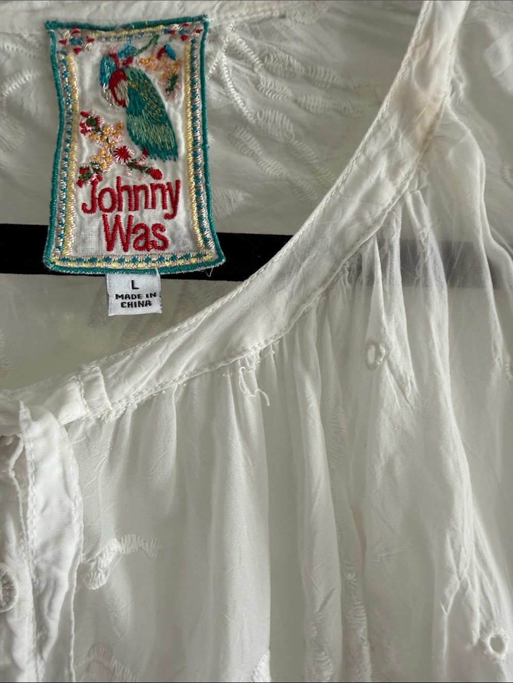 Johnny Was White embroidered Peasant Top button down